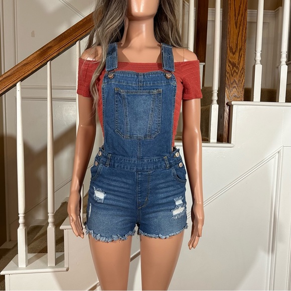 Love Tree Denim - Love Tree distressed denim jumper shorts overalls